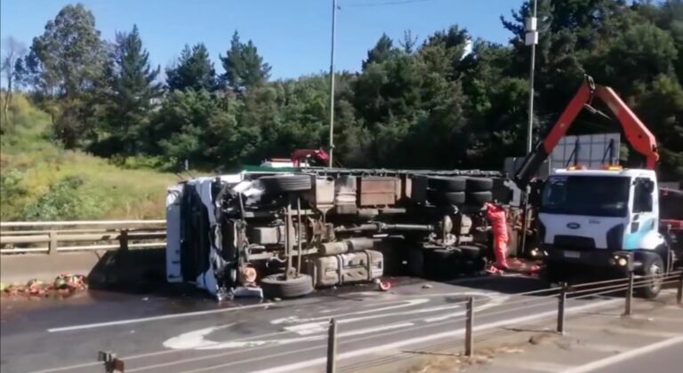 CAMION CON FRUTAS Y VERDURAS SE VUELCA EN ACCESO A PUENTE MALLECO