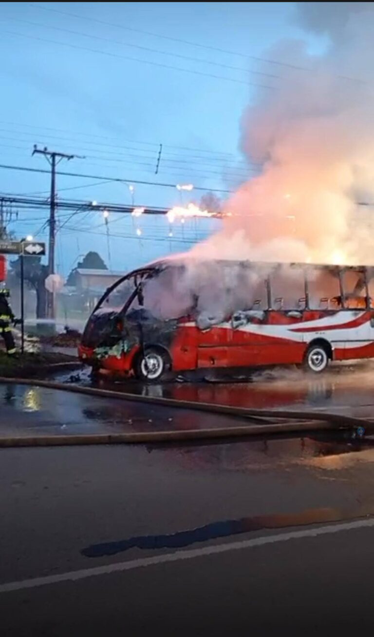 Bus de transporte público resulta destruido por incendio frente a escuela en Renaico